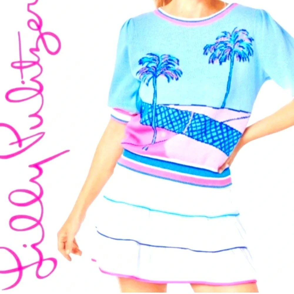 LRare Lilly Pulitzer Vivie Short Sleeve Tennis Graphic Sweater Palm Tree..